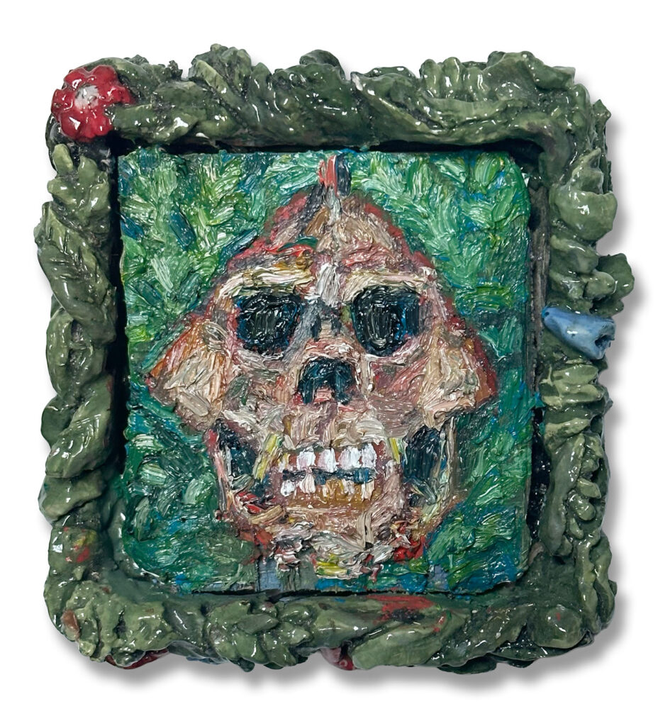 Bigfoot Skull, 2025
Oil paint on wood in ceramic frame
Approx. 6 x 6 in
