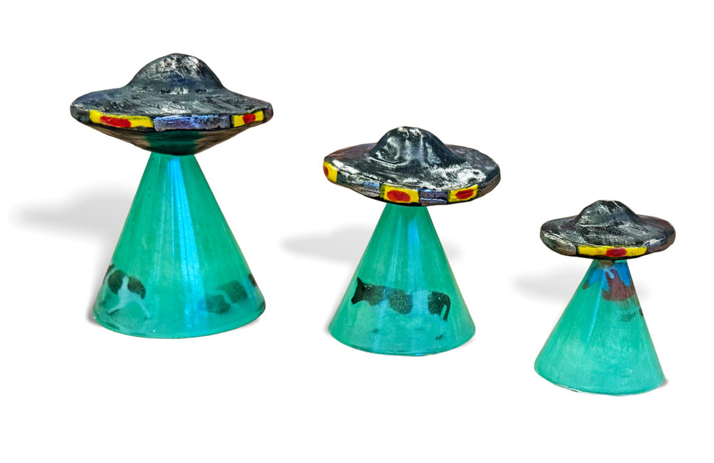 UFO set, 2026
Ceramic, white gold luster, mixed media in resin
